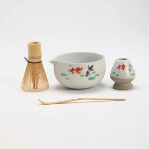 Hand-painted Fish Ceramic Matcha Bowl with Bamboo Whisk and Chasen Holder Matcha Tea Making Kits
